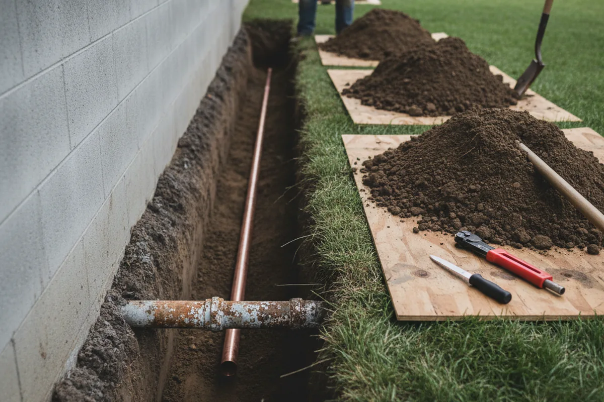 Excavated water line trench during Water Softener Installation in Washington